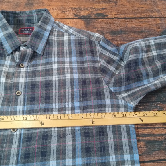 Untuckit Carano Long Sleeve Button Up Shirt Men's Medium Blue Gray Plaid - Picture 6 of 6